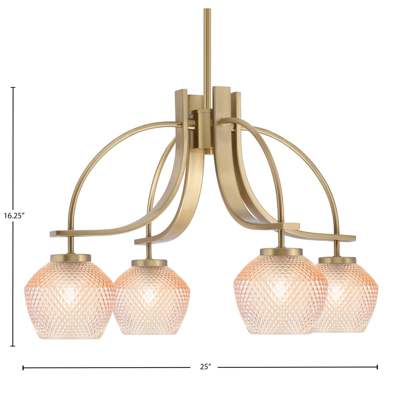 Toltec Cavella 25in 4-Light Downlight Chandelier | New Age Brass Steel and Amber Textured Glass | Dining Room & Kitchen Island | 25 x 16.25 in | Model 3924-NAB-4623