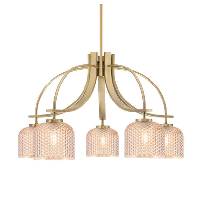 Toltec Cavella 28in 5-Light Downlight Chandelier | New Age Brass Steel and Amber Textured Glass | Dining Room & Kitchen Island | 28 x 28 x 17 in | Model 3925-NAB-4613
