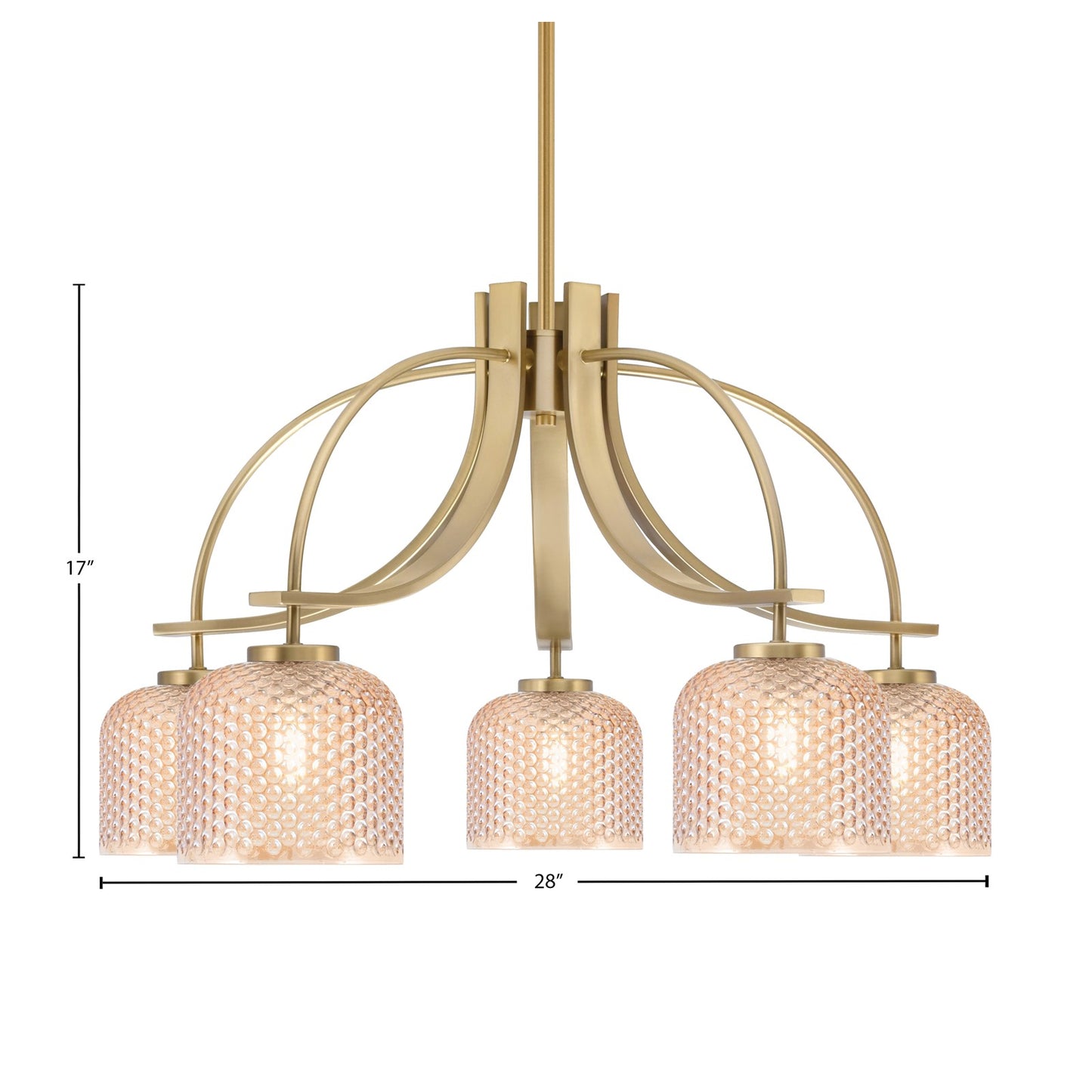 Toltec Cavella 28in 5-Light Downlight Chandelier | New Age Brass Steel and Amber Textured Glass | Dining Room & Kitchen Island | 28 x 28 x 17 in | Model 3925-NAB-4613