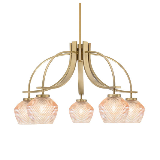 Toltec Cavella 28in 5-Light Downlight Chandelier | Modern New Age Brass Steel and Amber Textured Glass | Dining Room & Kitchen Island | Model 3925-NAB-4623