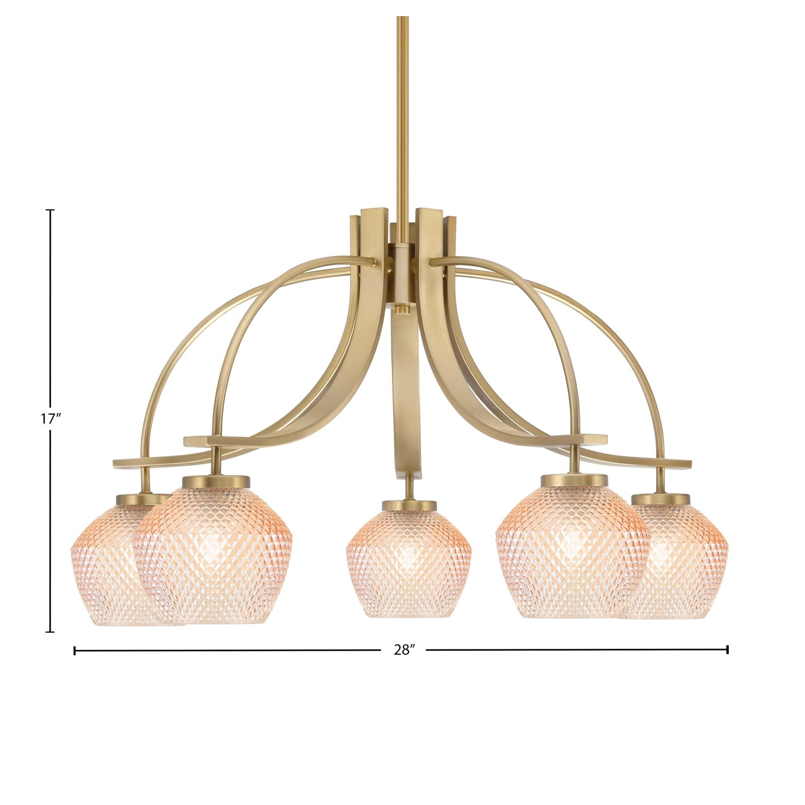 Toltec Cavella 28in 5-Light Downlight Chandelier | Modern New Age Brass Steel and Amber Textured Glass | Dining Room & Kitchen Island | Model 3925-NAB-4623