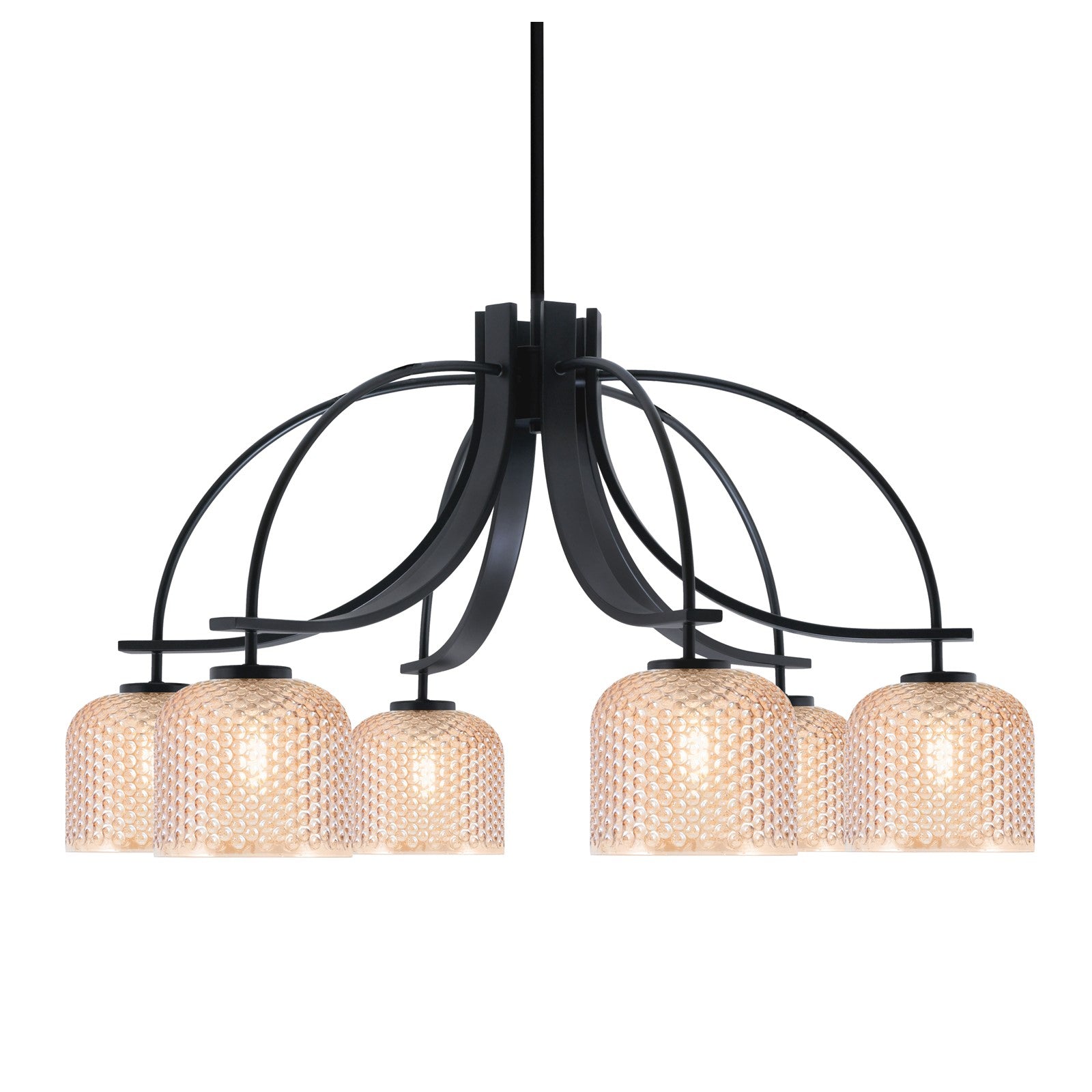 Toltec Cavella 32.5in 6-Light Downlight Chandelier | Matte Black Steel and Amber Textured Glass | Dining Room & Kitchen Island | 32.5 x 32.5 x 18.5 in | Model 3926-MB-4613