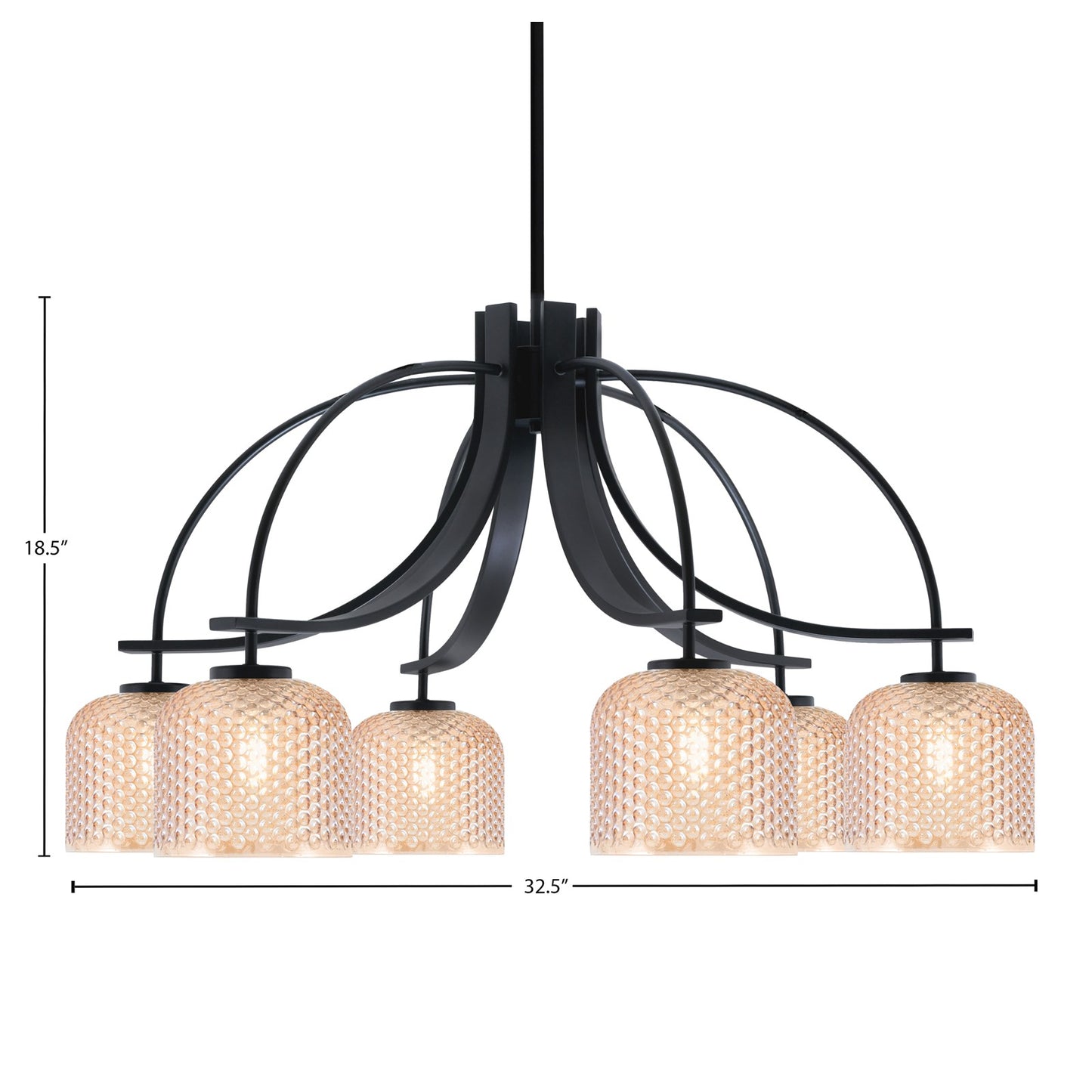 Toltec Cavella 32.5in 6-Light Downlight Chandelier | Matte Black Steel and Amber Textured Glass | Dining Room & Kitchen Island | 32.5 x 32.5 x 18.5 in | Model 3926-MB-4613