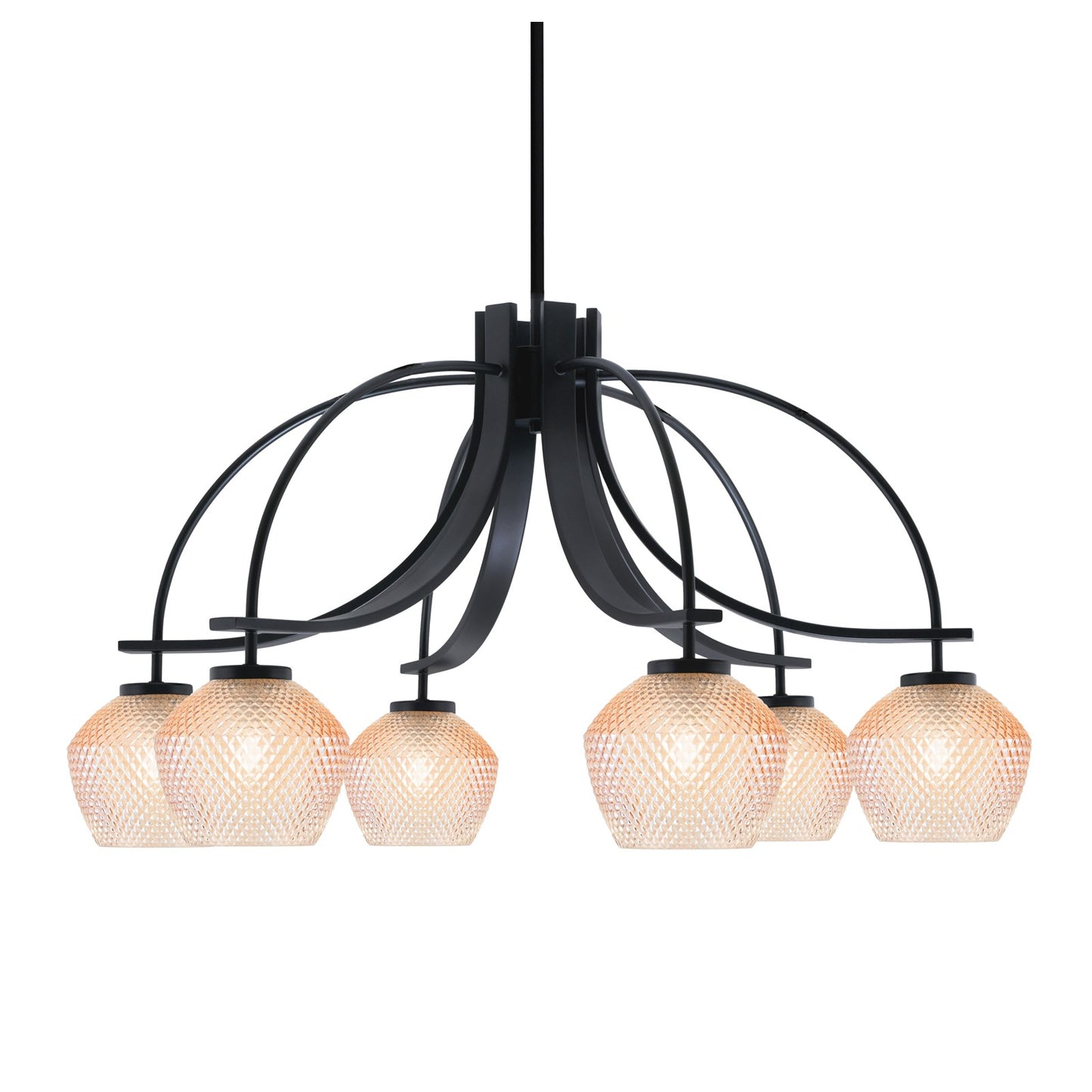 Toltec Cavella 32.5in 6-Light Downlight Chandelier | Modern Matte Black Steel and Amber Textured Glass | Dining Room & Kitchen Island | Model 3926-MB-4623