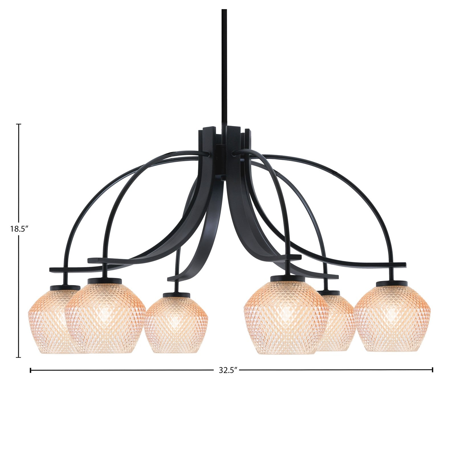 Toltec Cavella 32.5in 6-Light Downlight Chandelier | Modern Matte Black Steel and Amber Textured Glass | Dining Room & Kitchen Island | Model 3926-MB-4623