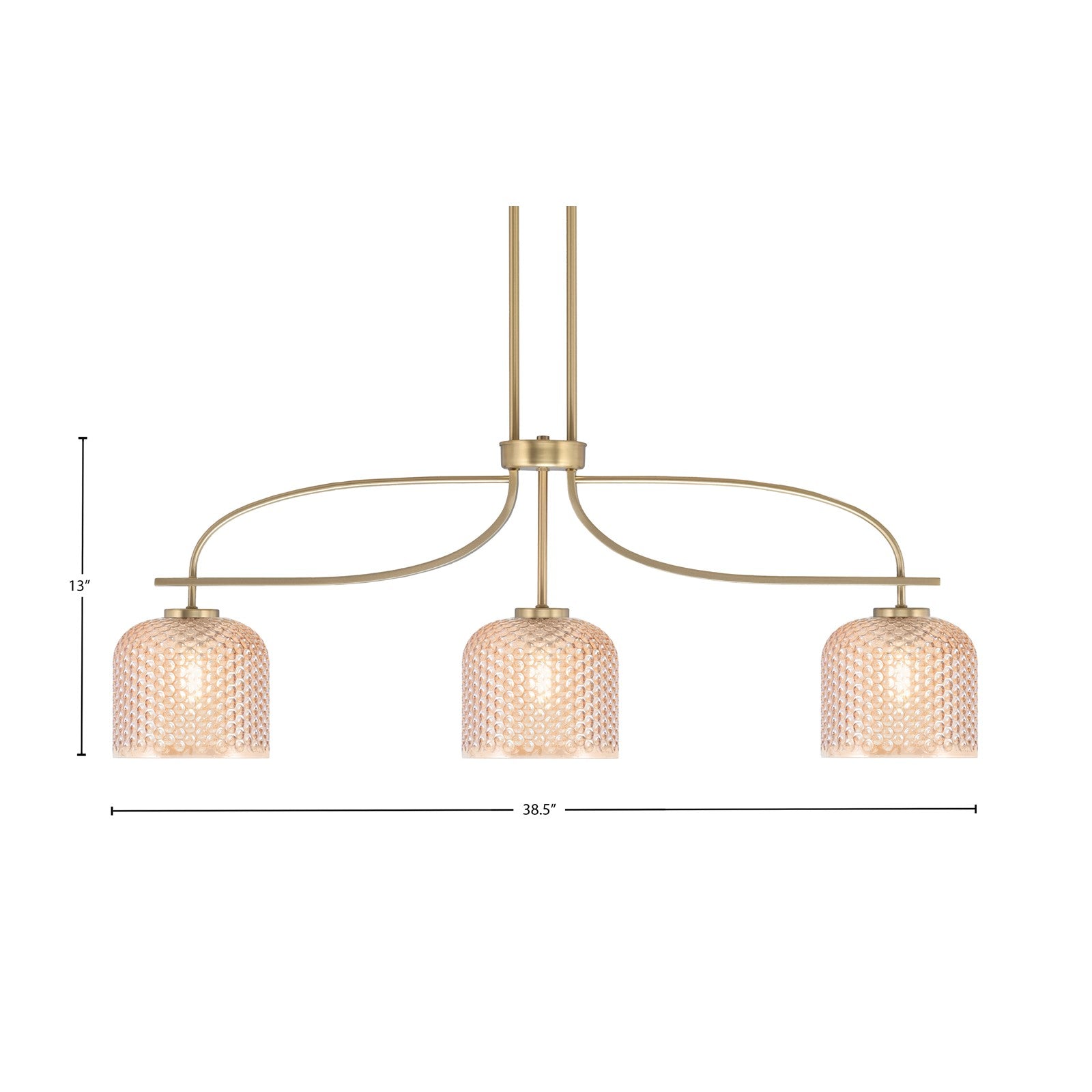 Toltec Cavella 38.5in 3-Light Island Light | New Age Brass Steel and Amber Textured Glass | Kitchen Island & Dining Table | 38.5 x 6 x 13 in | Model 3936-NAB-4613