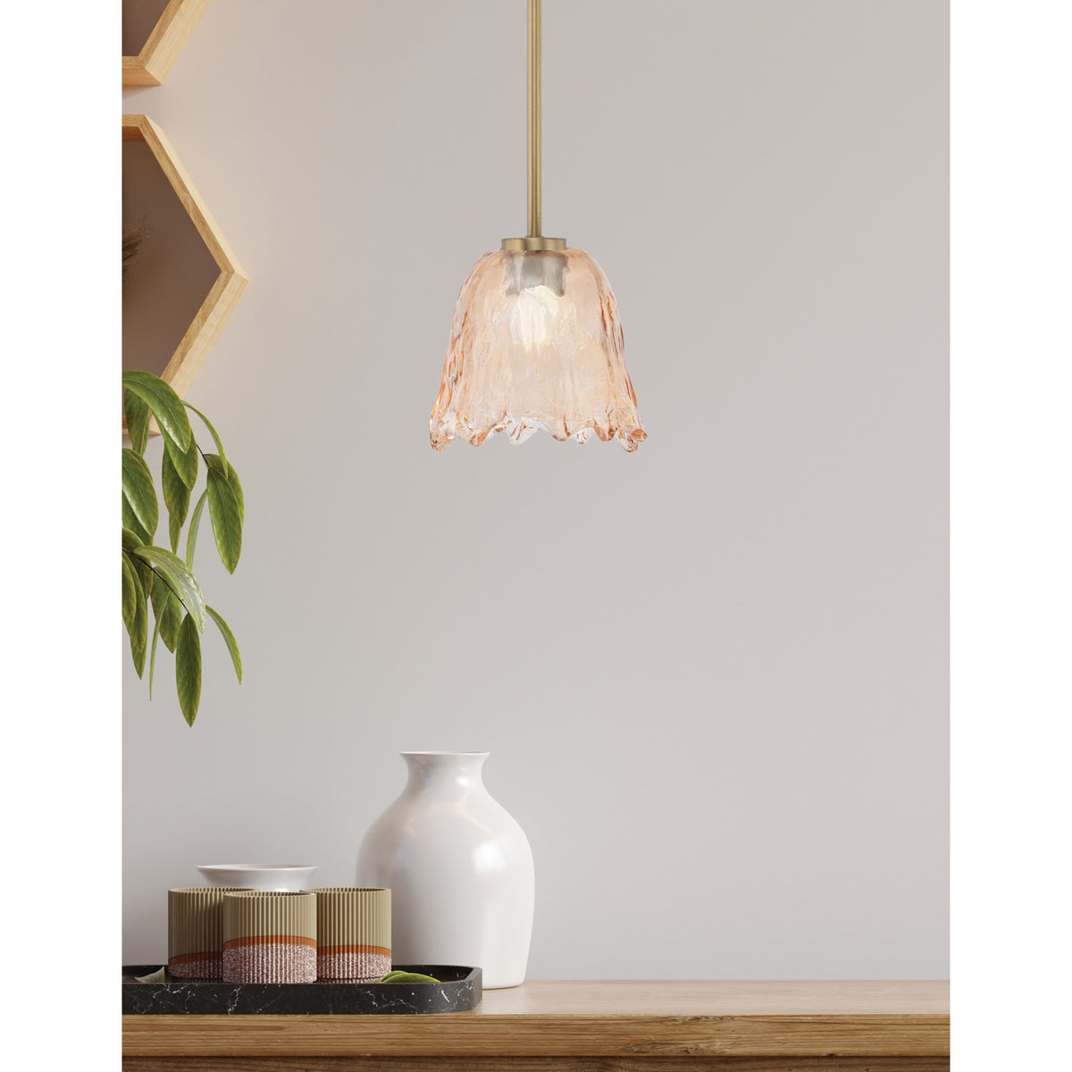 Toltec Atlas 7in 1-Light Mini Pendant | New Age Brass and Amber Lava Glass | Kitchen Island & Dining Room | 7 x 7 x 7 in | Model 4501-NAB-4233