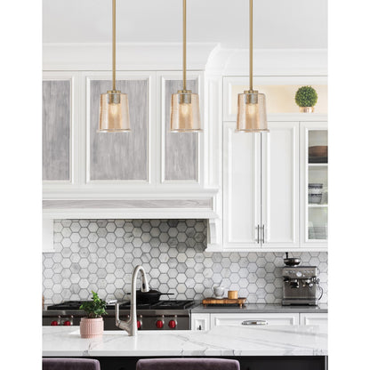 Toltec Atlas 5in 1-Light Mini Pendant | New Age Brass and Amber Bubble Glass | Kitchen Island & Dining Room | 5 x 5 x 6 in | Model 4501-NAB-5033