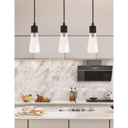 Toltec Everleigh 4in 1-Light Mini Pendant | Industrial Matte Black Steel and Clear Ribbed Glass | Kitchen Island & Dining Room | 4 x 10 in | Model 4802-MB-880