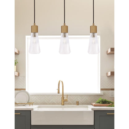 Toltec Everleigh 4in 1-Light Mini Pendant | Contemporary New Age Brass and Clear Ribbed Glass | Kitchen Island & Dining Room | 4 x 10 in | Model 4802-NAB-880