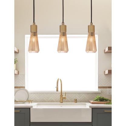 Toltec Everleigh 4in 1-Light Mini Pendant | Contemporary New Age Brass and Amber Ribbed Glass | Kitchen Island & Dining Room | 4 x 10 in | Model 4802-NAB-883