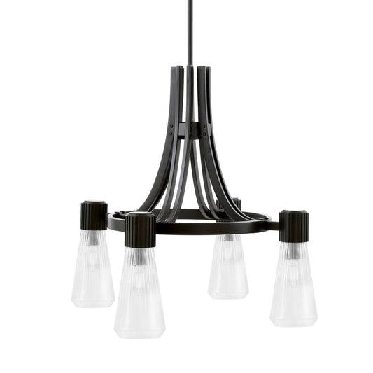 Toltec Everleigh 24in 4-Light Chandelier | Industrial Matte Black and Clear Ribbed Glass | Dining Room & Kitchen | 24 x 24 x 23 in | Model 4814-MB-880