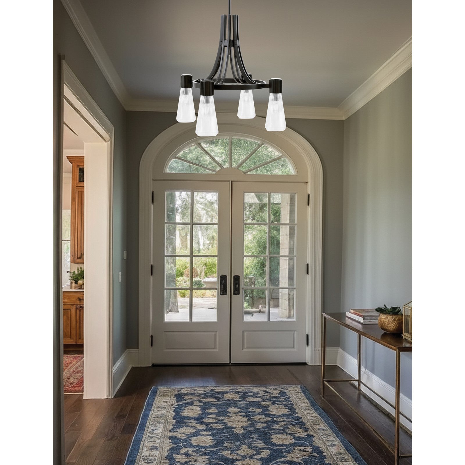 Toltec Everleigh 24in 4-Light Chandelier | Industrial Matte Black and Clear Ribbed Glass | Dining Room & Kitchen | 24 x 24 x 23 in | Model 4814-MB-880