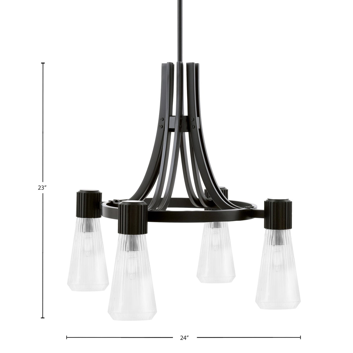 Toltec Everleigh 24in 4-Light Chandelier | Industrial Matte Black and Clear Ribbed Glass | Dining Room & Kitchen | 24 x 24 x 23 in | Model 4814-MB-880