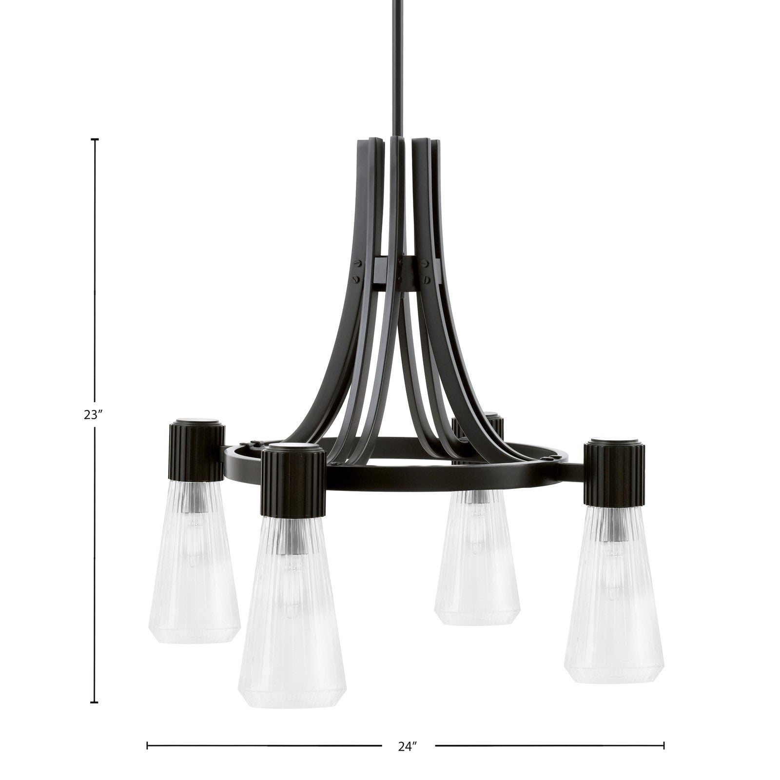 Toltec Everleigh 24in 4-Light Chandelier | Industrial Matte Black and Clear Ribbed Glass | Dining Room & Kitchen | 24 x 24 x 23 in | Model 4814-MB-880