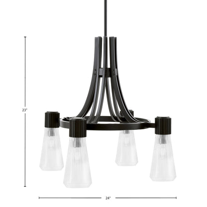 Toltec Everleigh 24in 4-Light Chandelier | Industrial Matte Black and Clear Ribbed Glass | Dining Room & Kitchen | 24 x 24 x 23 in | Model 4814-MB-880