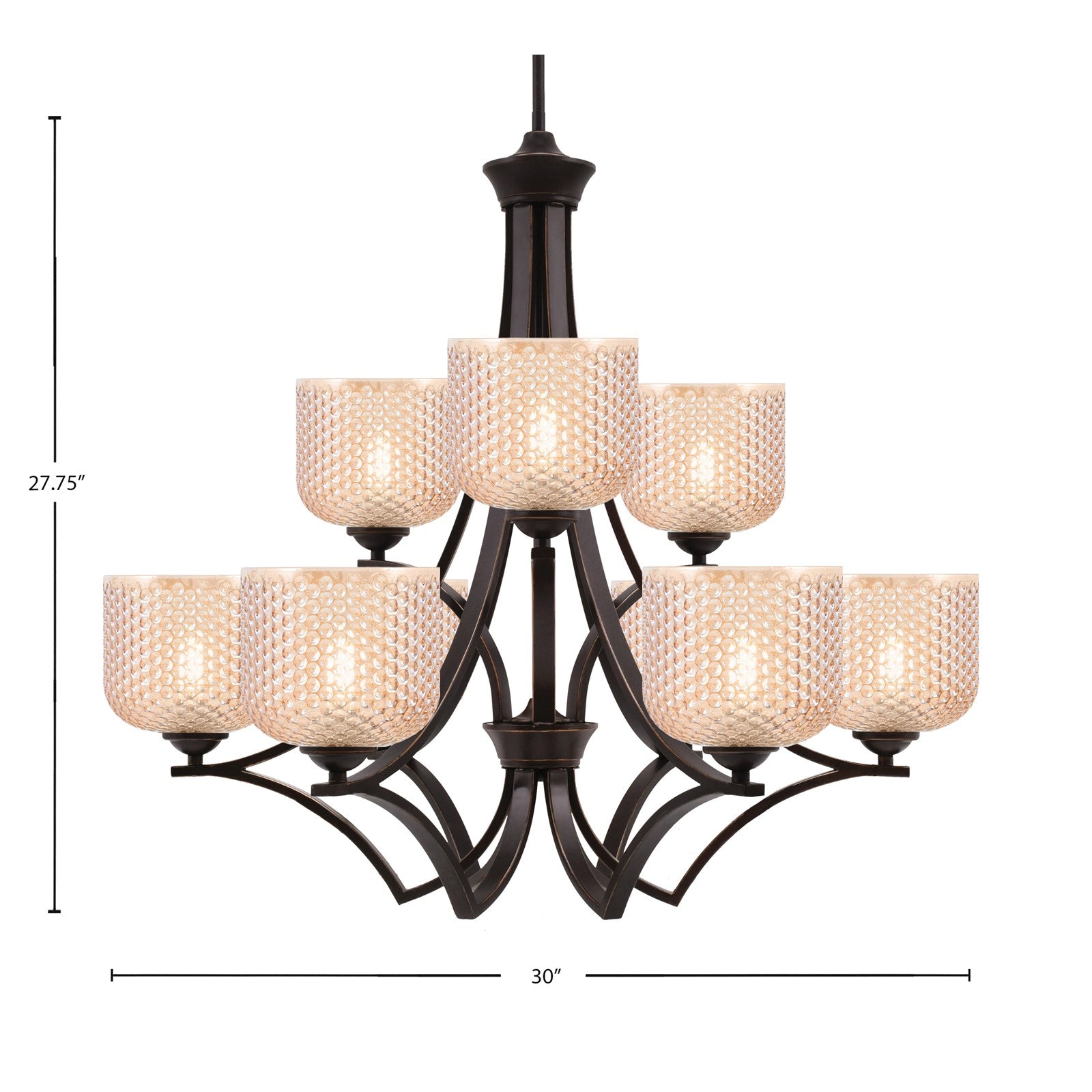 Toltec Zilo 30in 9-Light Uplight Chandelier | Modern Dark Granite Steel and Amber Textured Glass | Dining Room & Foyer | 30 x 30 x 28 in | Model 569-DG-4613