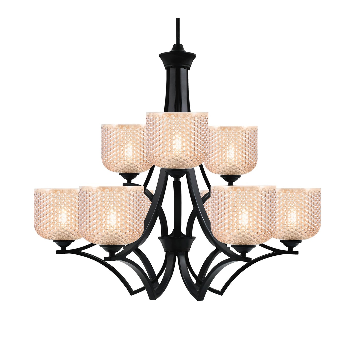 Toltec Zilo 30in 9-Light Uplight Chandelier | Industrial Matte Black Steel and Amber Textured Glass | Dining Room & Foyer | 30 x 30 x 28 in | Model 569-MB-4613