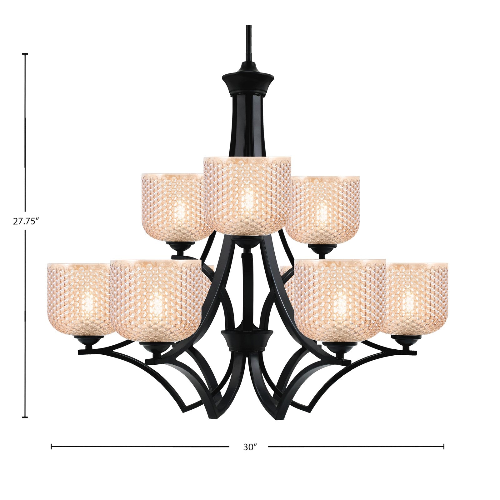 Toltec Zilo 30in 9-Light Uplight Chandelier | Industrial Matte Black Steel and Amber Textured Glass | Dining Room & Foyer | 30 x 30 x 28 in | Model 569-MB-4613