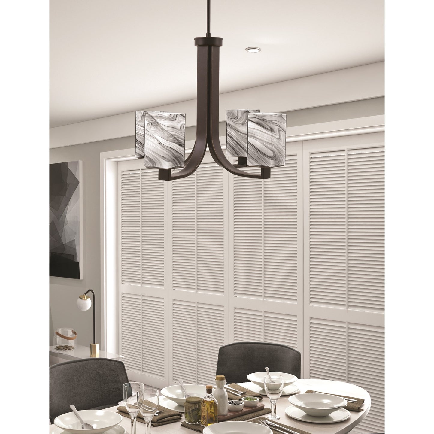 Toltec Apollo 21.25in 4-Light Uplight Chandelier | Dark Granite Steel and Onyx Swirl Glass | Dining Room & Living Room | 21.25 x 21.25 x 18.25 in | Model 574-DG-549