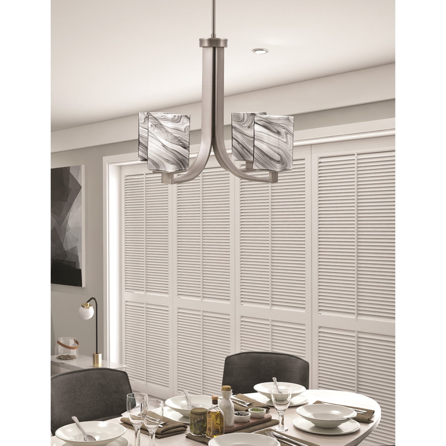 Toltec Apollo 21.25in 4-Light Uplight Chandelier | Modern Graphite Steel and Onyx Swirl Glass | Dining Room & Living Room | 21.25 x 21.25 x 18.25 in | Model 574-GP-549
