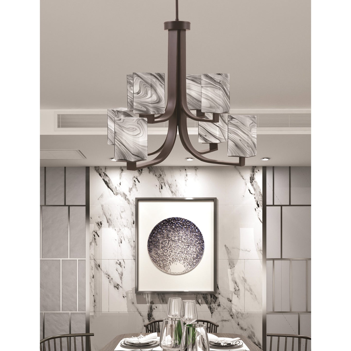 Toltec Apollo 26.5in 8-Light Chandelier | Dark Granite Steel and Onyx Swirl Glass | Dining Room & Foyer | 26.5 x 26.5 x 22.75 in | Model 578-DG-549