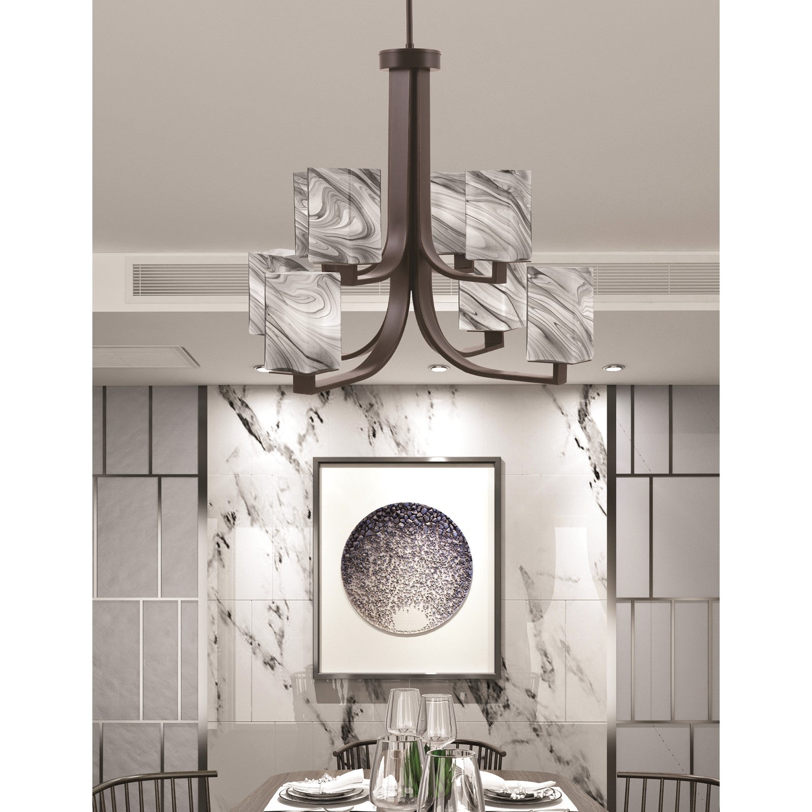 Toltec Apollo 26.5in 8-Light Chandelier | Dark Granite Steel and Onyx Swirl Glass | Dining Room & Foyer | 26.5 x 26.5 x 22.75 in | Model 578-DG-549