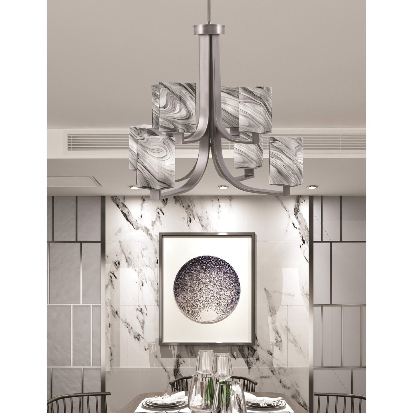 Toltec Apollo 26.5in 8-Light Chandelier | Graphite Steel and Onyx Swirl Glass | Dining Room & Living Room | 26.5 x 26.5 x 22.75 in | Model 578-GP-549