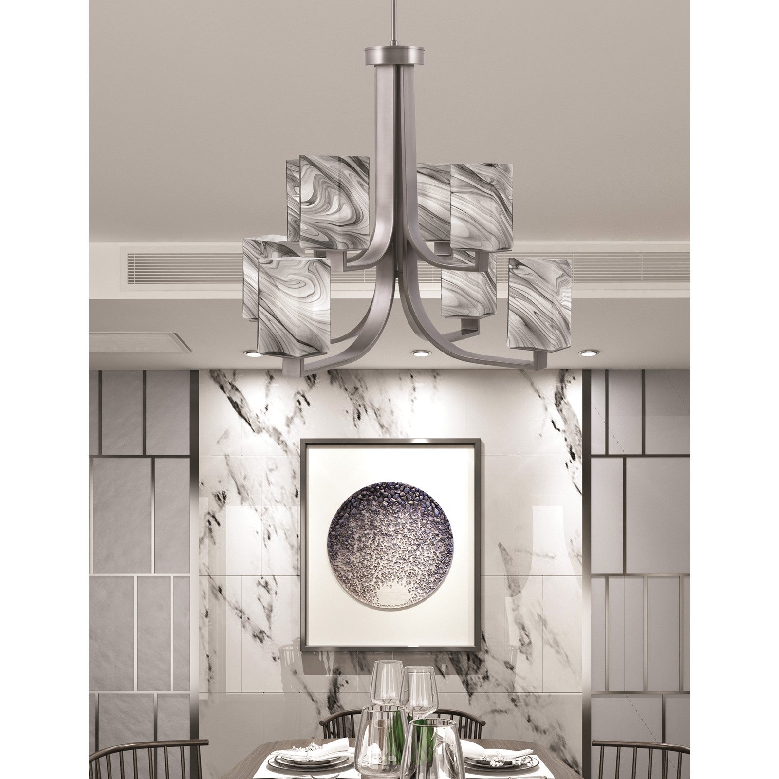 Toltec Apollo 26.5in 8-Light Chandelier | Graphite Steel and Onyx Swirl Glass | Dining Room & Living Room | 26.5 x 26.5 x 22.75 in | Model 578-GP-549