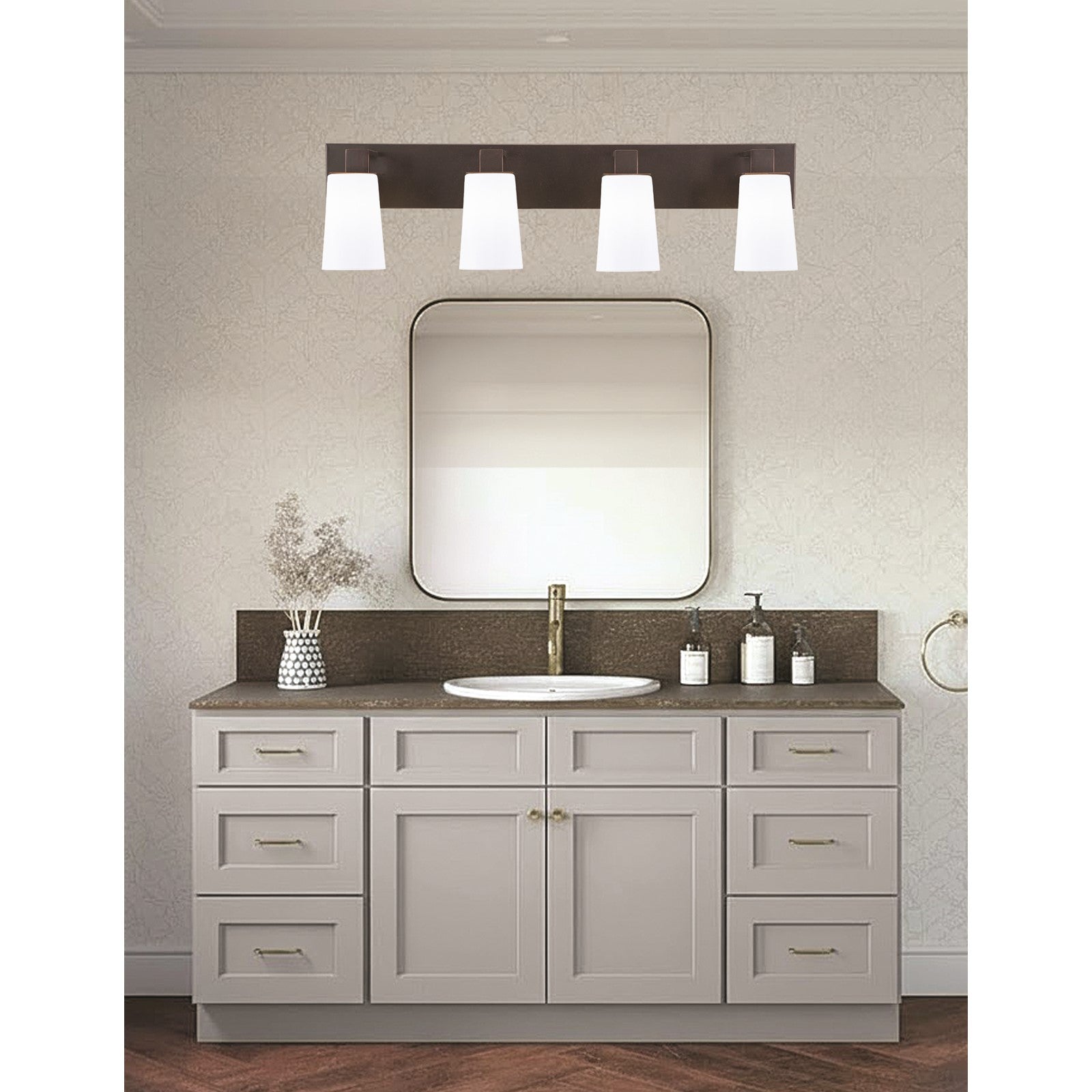 Toltec Apollo 4-Light Bath Bar | Modern Dark Granite Steel and White Opal Glass | Bathroom Vanity Light | 8.75in H, 32.75in W | Model 584-DG-261