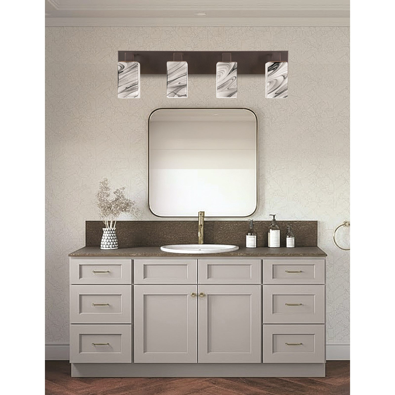 Toltec Apollo 32.75in 4-Light Bath Bar | Modern Dark Granite Steel and Onyx Swirl Glass | Bathroom Vanity Light | 32.75 x 4.5 x 8.75 in | Model 584-DG-549