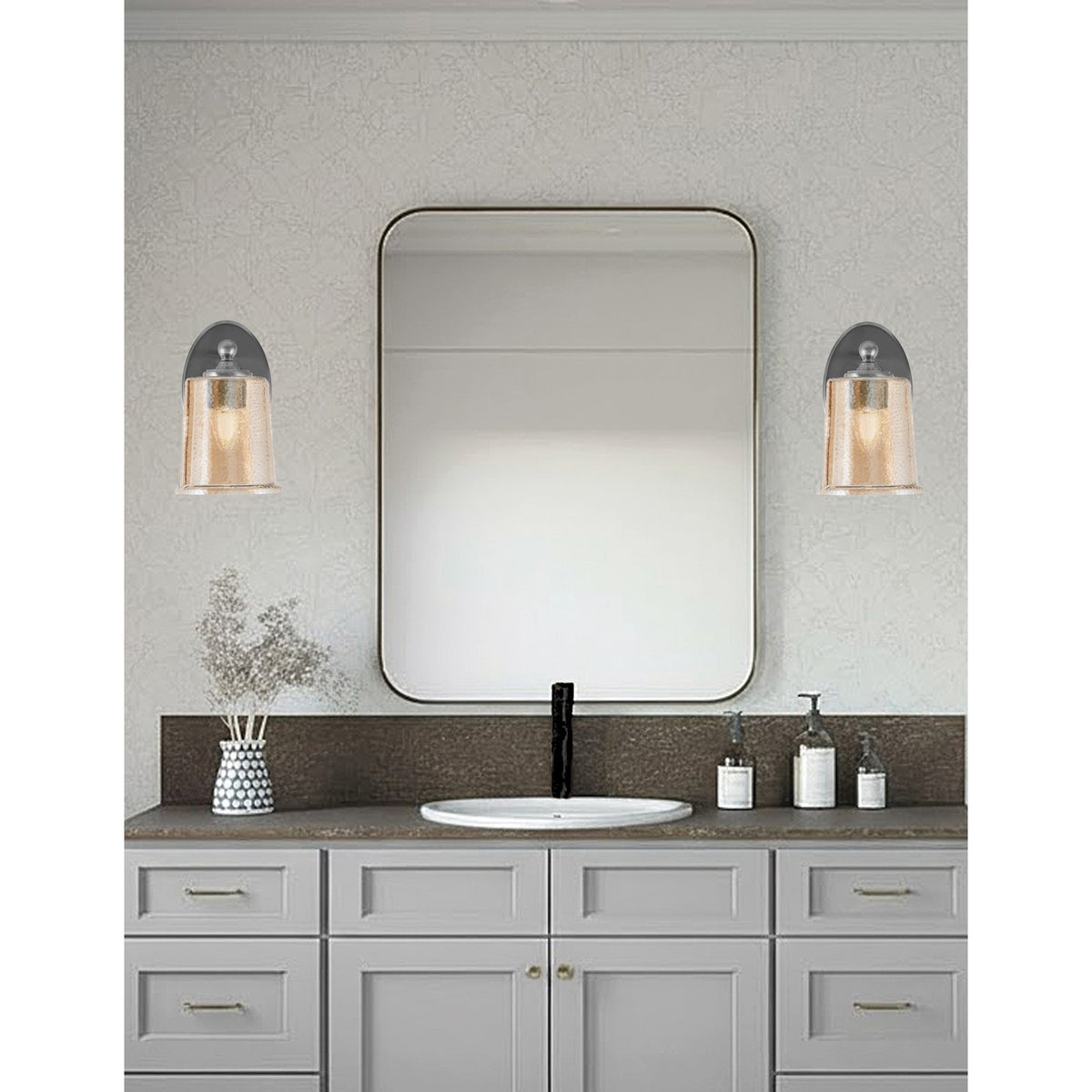 Toltec Capri 1-Light Wall Sconce | Brushed Nickel and Amber Bubble Glass | Bathroom & Hallway | 5 x 8.25 x 8.75 in | Model 5911-BN-5033