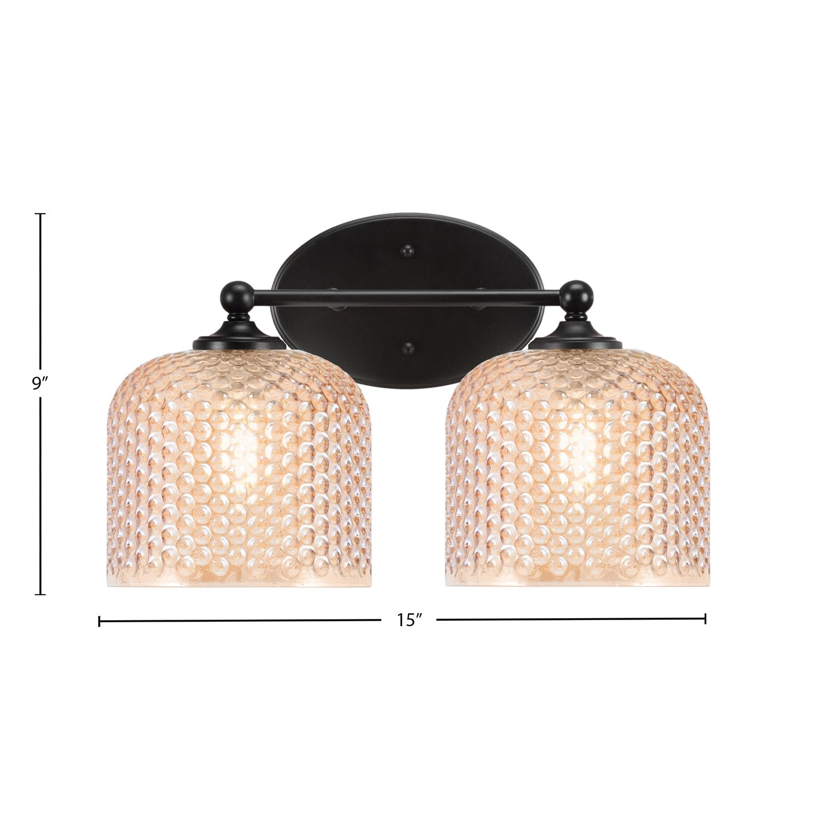Toltec Capri 15in 2-Light Bath Bar | Modern Matte Black Steel and Amber Textured Glass | Bathroom Vanity Light | 15 x 9 x 8.25 in | Model 5912-MB-4613