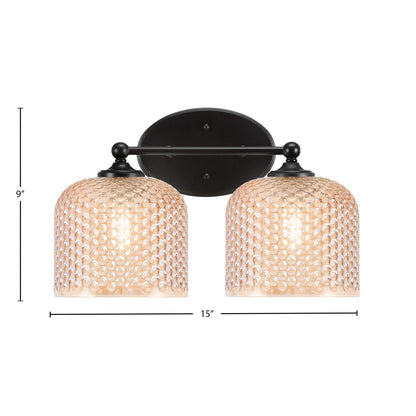 Toltec Capri 15in 2-Light Bath Bar | Modern Matte Black Steel and Amber Textured Glass | Bathroom Vanity Light | 15 x 9 x 8.25 in | Model 5912-MB-4613