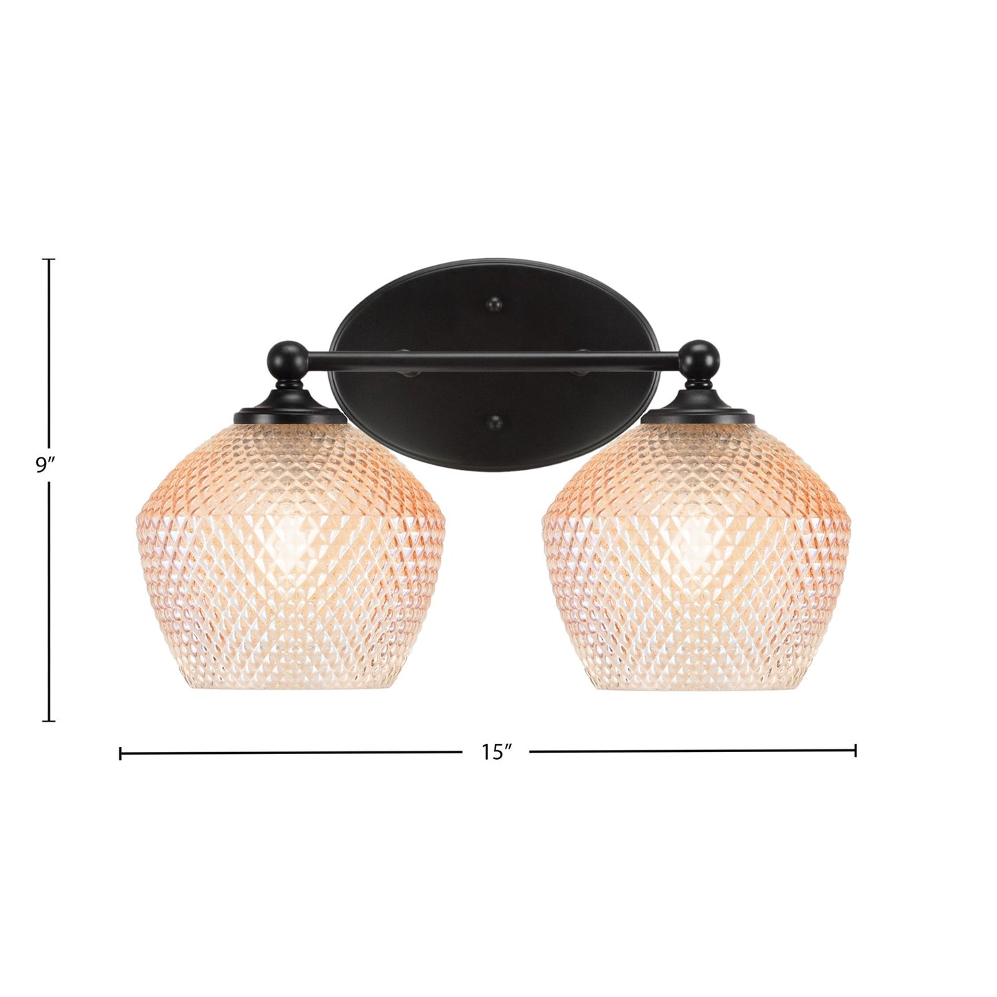 Toltec Capri 15in 2-Light Bath Bar | Modern Matte Black Steel and Amber Textured Glass | Bathroom Vanity Lighting | 15 x 9 x 8.25 in | Model 5912-MB-4623