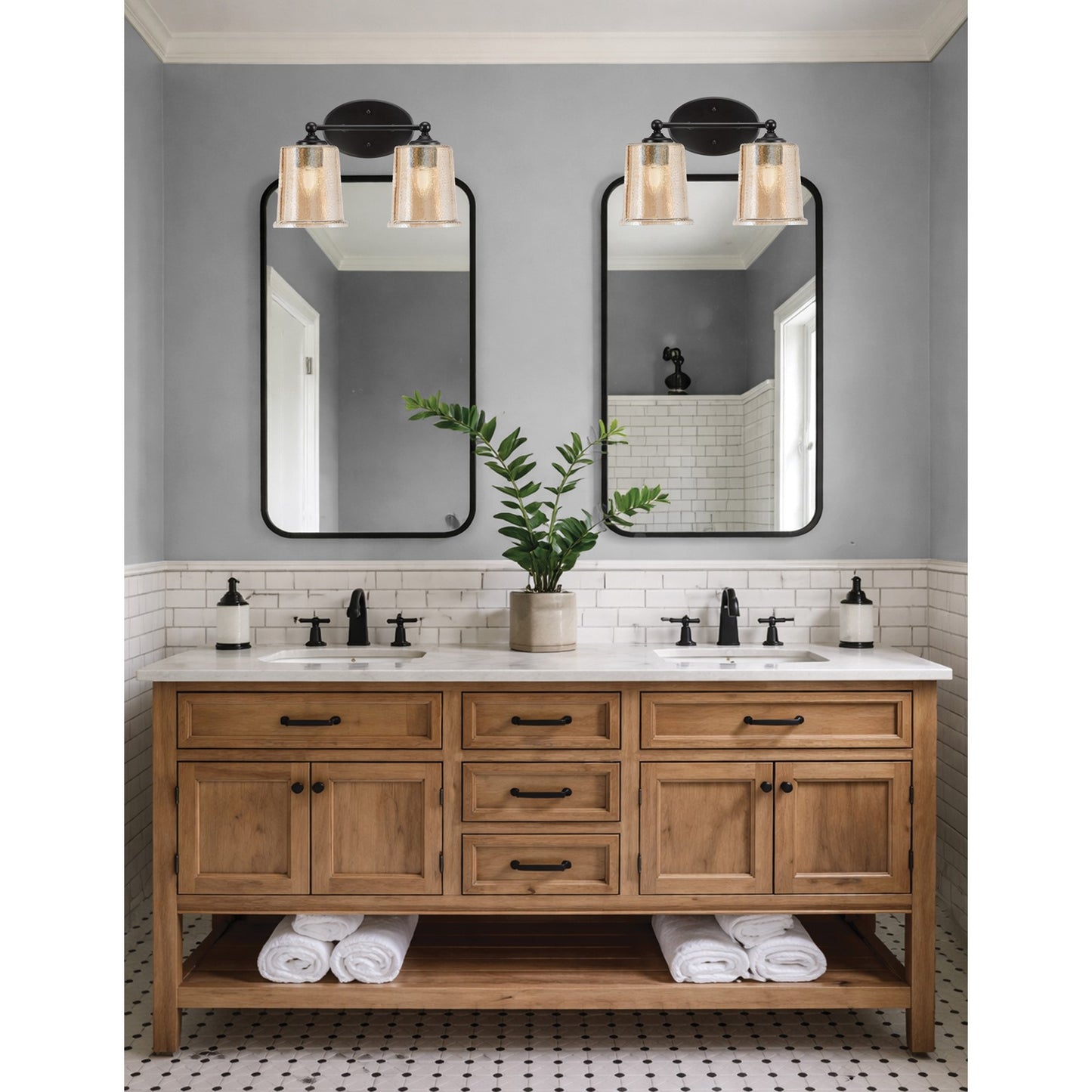 Toltec Capri 2-Light Bath Bar | Modern Matte Black Steel and Amber Bubble Glass | Bathroom Vanity & Powder Room | 8.25 x 9.25 in | Model 5912-MB-5033