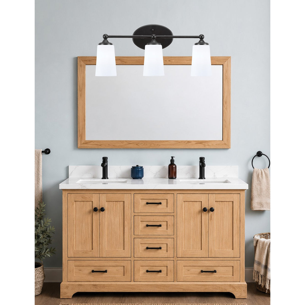 Toltec Capri 3-Light Bath Bar | Modern Matte Black and White Opal Glass | Bathroom Vanity & Powder Room | 7.5 x 10.25 in | Model 5913-MB-261