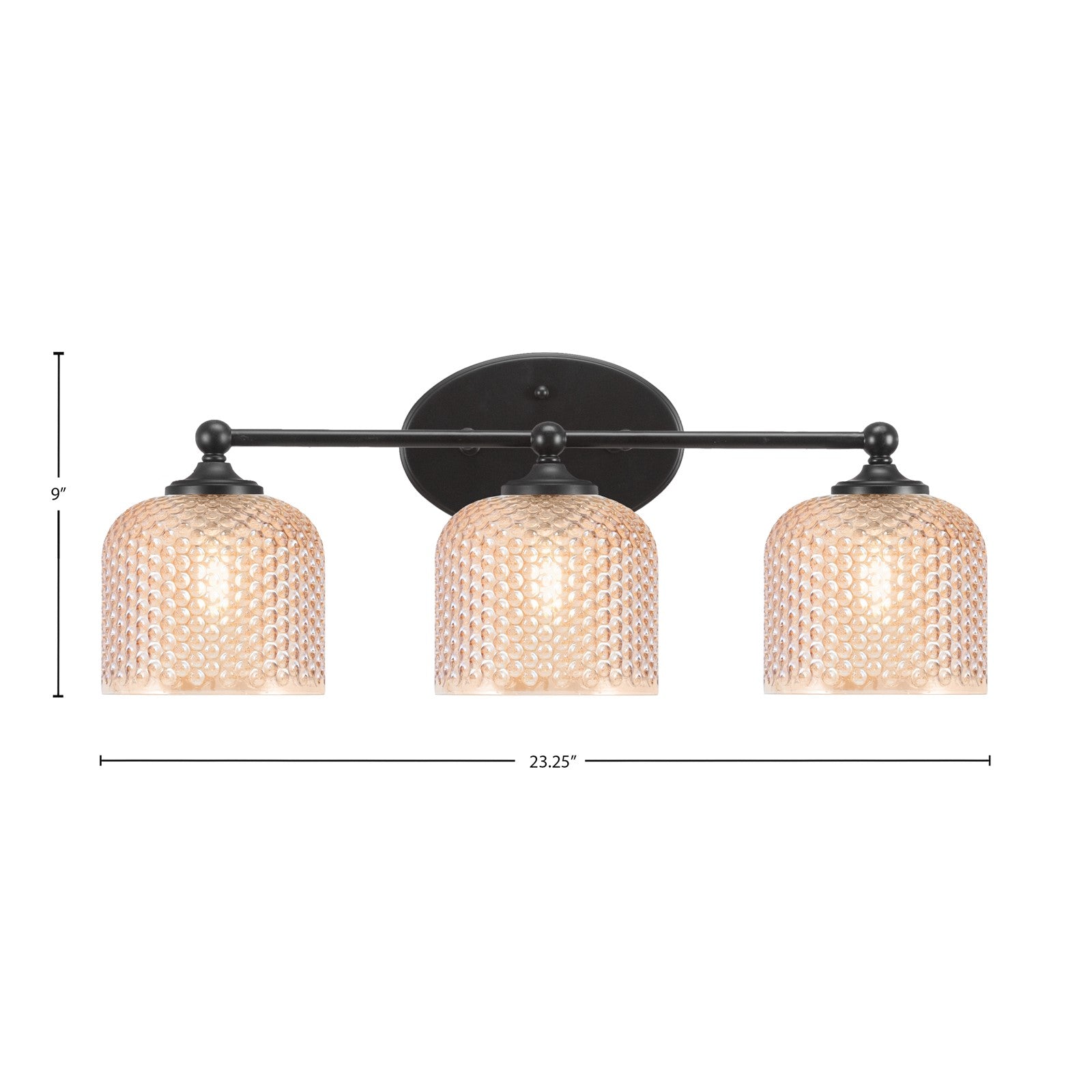 Toltec Capri 23.25in 3-Light Bath Bar | Modern Matte Black Steel and Amber Textured Glass | Bathroom Vanity Light | 23.25 x 9 x 8.25 in | Model 5913-MB-4613