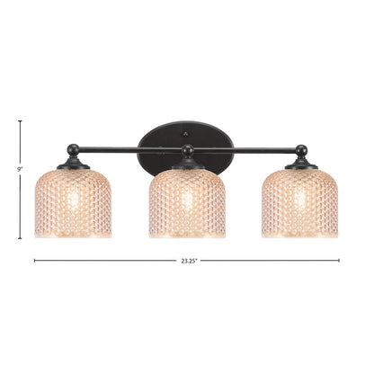 Toltec Capri 23.25in 3-Light Bath Bar | Modern Matte Black Steel and Amber Textured Glass | Bathroom Vanity Light | 23.25 x 9 x 8.25 in | Model 5913-MB-4613