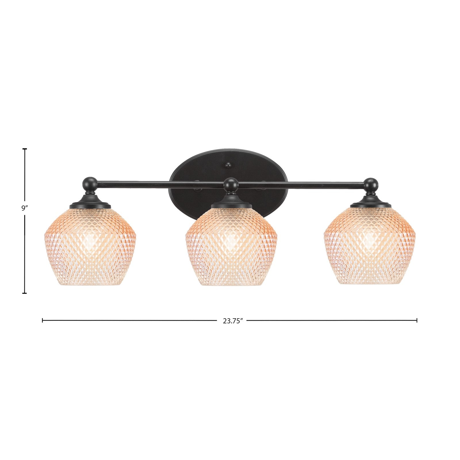 Toltec Capri 23.25in 3-Light Bath Bar | Modern Matte Black Steel and Amber Textured Glass | Bathroom Vanity Lighting | 23.25 x 9 x 8.25 in | Model 5913-MB-4623