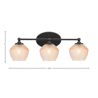 Toltec Capri 23.25in 3-Light Bath Bar | Modern Matte Black Steel and Amber Textured Glass | Bathroom Vanity Lighting | 23.25 x 9 x 8.25 in | Model 5913-MB-4623