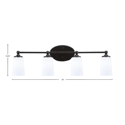 Toltec Capri 4-Light Bath Bar | Matte Black and White Opal Glass | Bathroom & Powder Room Vanity | 7.5 x 10.25 in | Model 5914-MB-261