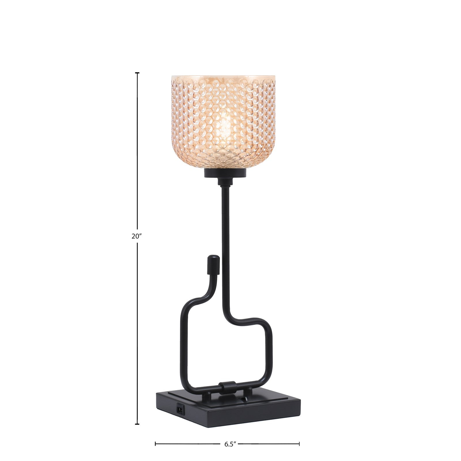 Toltec Sandia 1-Light Accent Lamp with USB Ports | Modern Matte Black Steel and Amber Textured Glass | Bedroom & Desk Side Table | 6.5 x 20 in | Model 60-MB-4613