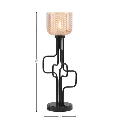 Toltec Sandia 1-Light Accent Lamp with USB Ports | Modern Matte Black Steel and Amber Textured Glass | Bedroom & Desk Side Table | 8.5 x 23 in | Model 62-MB-4613