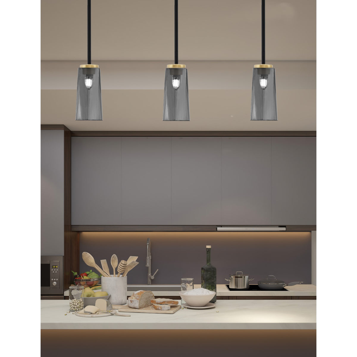 Toltec Sandia 5in 1-Light Mini Pendant | Matte Black and New Age Brass with Smoke Bubble Glass | Kitchen Island & Dining Room | Model 6201-MBNAB-292