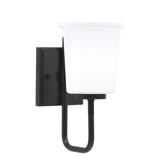 Toltec Sandia 1-Light Wall Sconce | Modern Matte Black and White Opal Glass | Bathroom & Hallway | 5 x 7.5 x 10.5 in | Model 6221-MB-5031