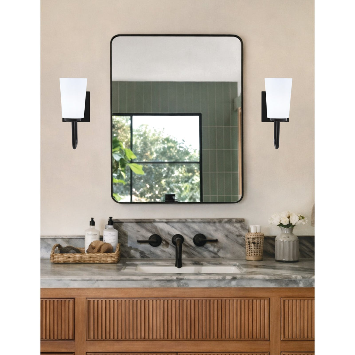 Toltec Sandia 1-Light Wall Sconce | Modern Matte Black & Graphite and White Opal Glass | Bathroom & Hallway | Model 6221-MBGP-261
