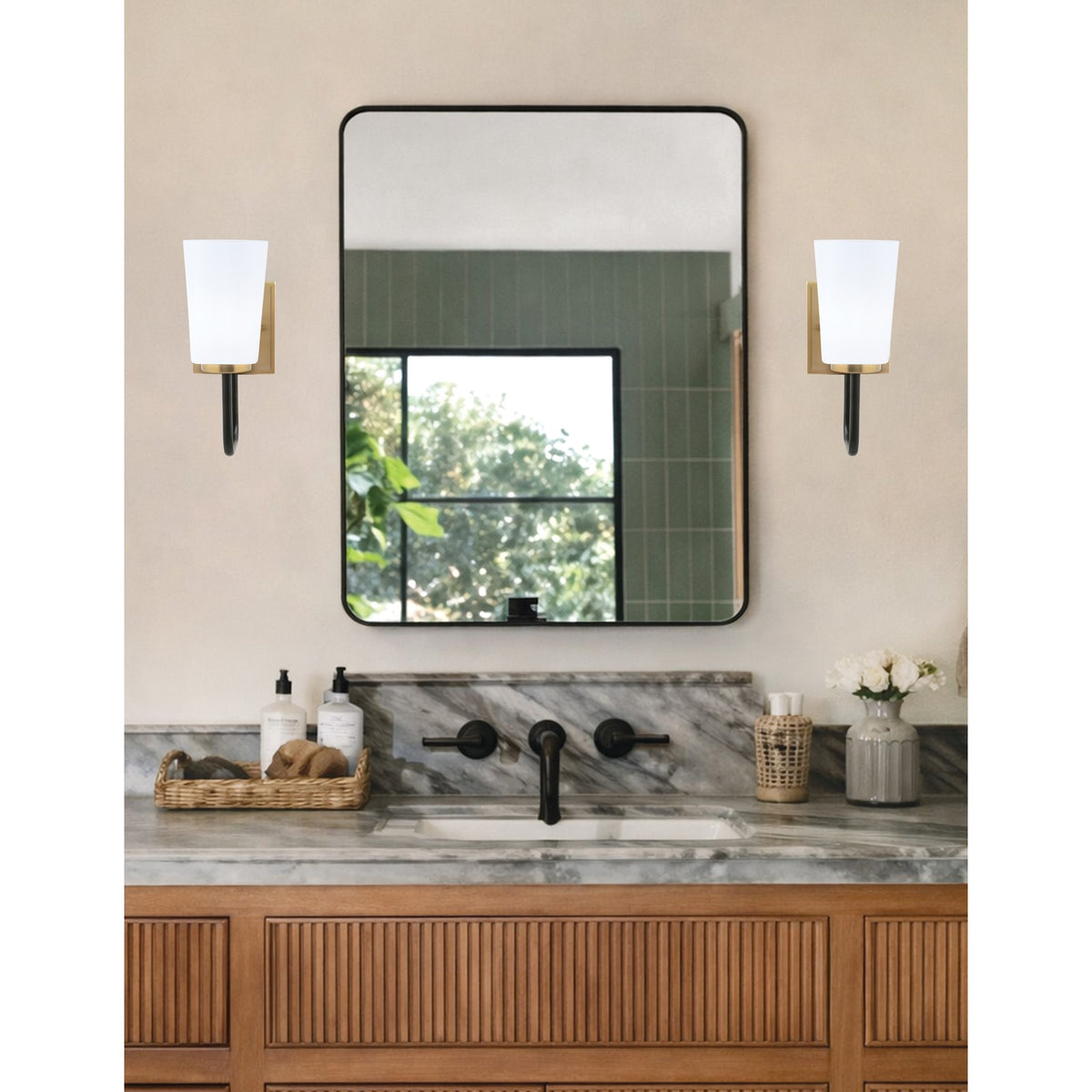Toltec Sandia 11.5in 1-Light Wall Sconce | Modern Matte Black and New Age Brass White Opal Glass | Bedroom & Hallway Accent | Model 6221-MBNAB-261