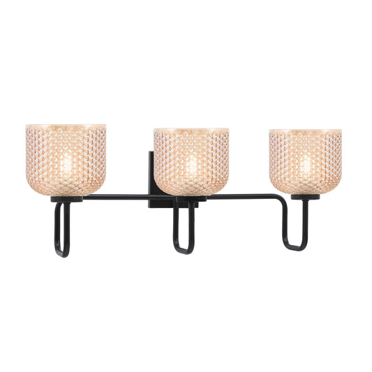 Toltec Sandia 27in 3-Light Bath Bar | Modern Matte Black Steel and Amber Textured Glass | Bathroom Vanity | 27.25 x 10 x 7.75 in | Model 6223-MB-4613