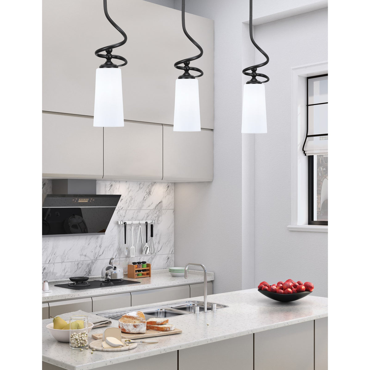 Toltec Capri 5in 1-Light Mini Pendant | Modern Matte Black and White Opal Glass | Kitchen Island & Dining Room | 5 x 20 in | Model 901-MB-291